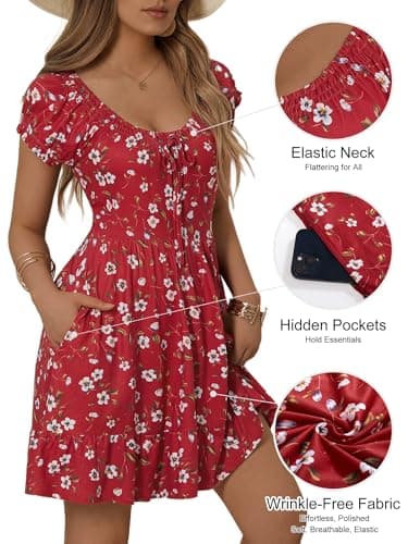 HUHOT Teen Summer Petite Mini Dresses for Women 5 Ft Church Spring Dress 2025 Short Sleelve Casual Sun Sundress with Pockets Red Floral Scoop Neck Milkmaid Cute Country Concert - Image 2