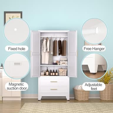 erosoei Metal Armoire Wardrobe Closet, 71 "Metal Clothing Storage Cabinet with Adjustable Shelves and Hanging Rod, Household Steel Wardrobe Storage Cabinet with Drawers (armoire-White) - Image 4