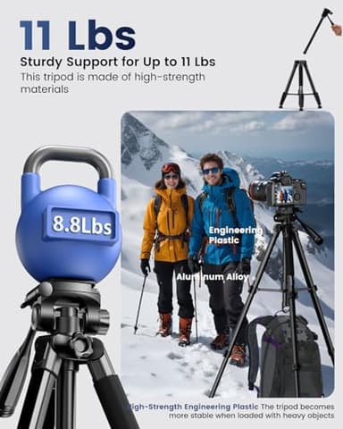CAMBOFOTO 73" Camera Tripod and Monopod, Professional Aluminum Tripod Stand for Mirrorless Camera/DSLR/Cell Phone/Camcorder/GoPro, with Phone Holder and Travel Bag (Black) - Image 2