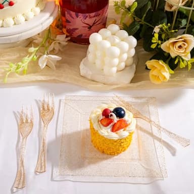 DaYammi 200Pcs Gold Dessert Plates Including 100Pcs Appetizer Plates 6",100Pcs Plastic Forks 5.7",Gold Glitter Plastic Square Plate for Party,Gold Salad Plate and Cake Forks for Wedding Birthday - Image 7