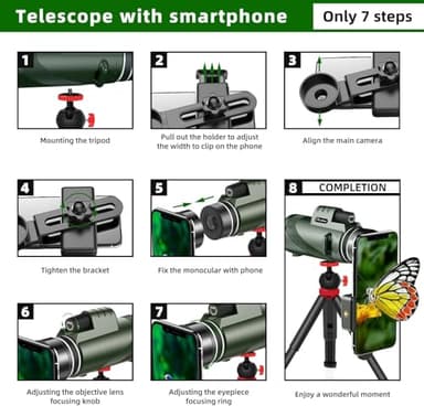 40X60 Monocular Telescope with Smartphone Holder& Tripod, High Power Nitrogen-Filled Monocular for Adults with BAK4 Prism & FMC Lens, HD Monocular Scope for Birdwatching Hiking Concert Travelling - Image 5