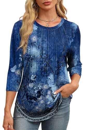 XIEERDUO 3/4 Length Sleeve Womens Tops 2025 Trendy Pleated Tunic Tops for Women Loose Fit Dressy Blue Printed L - Image 2