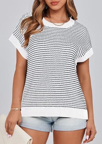 PRETTYGARDEN Womens Short Sleeve Sweater Spring Summer 2025 Round Neck Striped Pullover Cap Sleeve Knit Sweater Vest Tops(Striped White Navy,Small) - Image 3