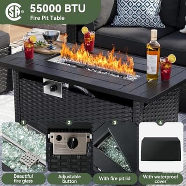 Aoxun 8 Piece Patio Furniture Set with 44” Fire Pit Table Wicker Patio Sectional Sofa Set Outdoor Seating Furniture with Thickened Cushion, Black - Image 3