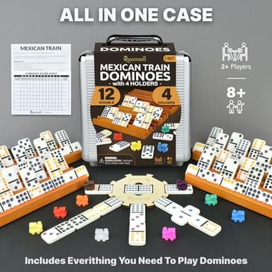 Mexican Train Dominoes Set with 4 Holders - Dominoes Double 12 with Wooden Hub and Tiles Holders - Double 12 Dominos Set for Family Game Night for Adults and Kids Ages 8 and up (D12 + 4 Holders) - Image 7