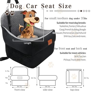 Dog Booster Car Seat for Small/Medium Dogs up to 35 lbs,Interior 7 Inches Elevated Pet Booster Seat,Ultra Soft Fabric and Memory Foam Car Dog Bed,Safety,Comfy,Fully Detachable Washable(H-Black/Grey) - Image 3