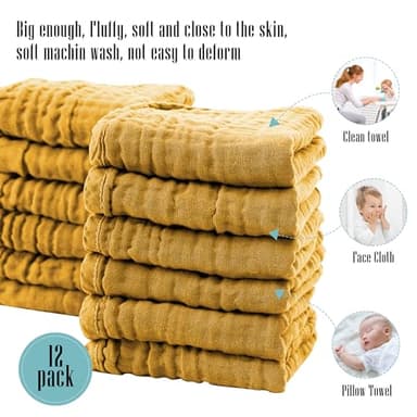 Cute Castle 12 Pack Muslin Burp Cloths for Baby - Ultra-Soft 100% Cotton Baby Washcloths - Large 20'' by 10'' Super Absorbent Milk Spit Up Rags - Burpy Cloths for Unisex, Boy, Girl - Honey - Image 5