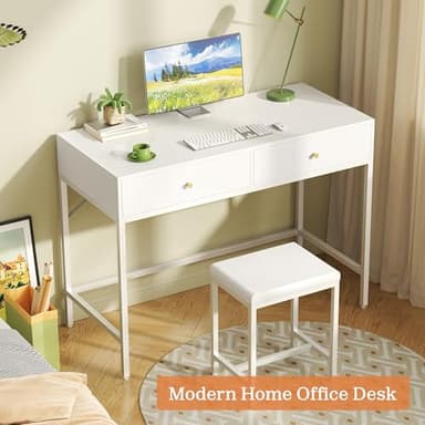 SUPERJARE 35.4" White Desk with 2 Drawers, Modern Makeup Vanity with Padded Stool, Small Computer Desk Home Office Desk for Writing Study Bedroom - Image 6
