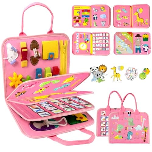 Qizfun Busy Board Book Montessori Toys for 1 2 3 4 Year Old, Girl Birthday Gifts, Educational Sensory Learning Toy for Toddlers 1-3, Car Airplane Travel Activities Toys for Kids Ages 2-4 Year Old - Image 1