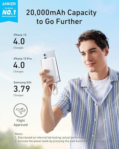 Anker Zolo Power Bank, 20,000mAh 30W High-Speed Portable Charger with with Built-in C Cable, USB-C&A, Battery Pack for iPhone 16/15/15 Pro/15 Pro Max/15 Plus, MacBook, Galaxy, and More - Image 2