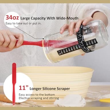 Sourdough Starter Kit, 34oz Sourdough Starter Jar, 2 Bread Proofing Baskets, Thermometer, Feeding Time Tracker, Metal Scraper, Easy to Clean, Complete Sourdough Bread Baking Supplies for Beginners - Image 5