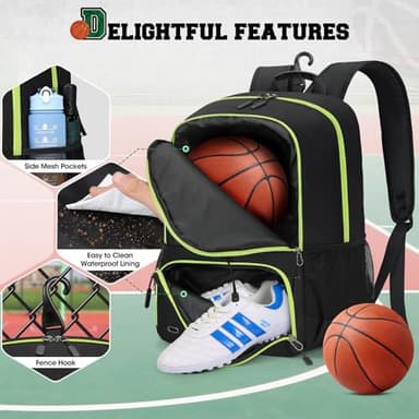RAINSMORE Basketball Bag Backpack with Separate Ball Holder Shoe Compartment Water Resistant Basketball Bookbag, Sport Equipment Bags for Volleyball, Soccer, Gym Black - Image 7