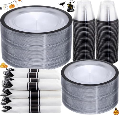 I00000 350 Pcs Clear and Black Plastic Plates,Black Dinnerware Set, Include 50 Dinner and 50 Dessert Plates,50 Plastic Cups,50 Per Rolled Napkins with Cutlery for Party,Wedding,Halloween - Image 1