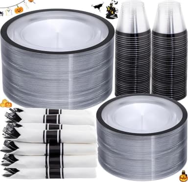 I00000 350 Pcs Clear and Black Plastic Plates,Black Dinnerware Set, Include 50 Dinner and 50 Dessert Plates,50 Plastic Cups,50 Per Rolled Napkins with Cutlery for Party,Wedding,Halloween - Image 1