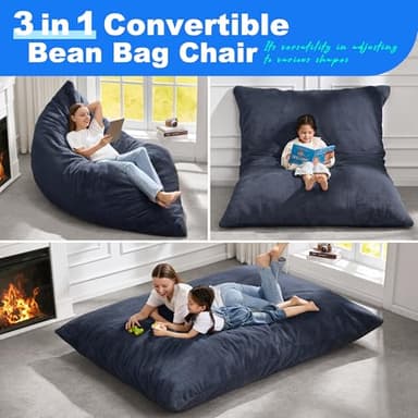 Hobestluk 3 in 1 Bean Bag Chair Giant Bean Bag Chairs for Adults with Plush Faux Fur Cover Convertible Bean Bag Floor Cushion with Machine Washable Cover for Living Room (Plush Dark Grey) - Image 3