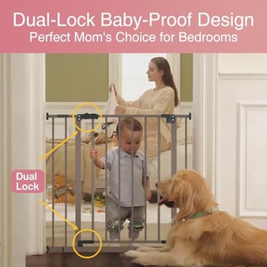 InnoTruth Baby Gate for Stairs 28.9-42.1" Wide, 30" Tall Easy Step Walk Through Expandable Dual Lock Dog Gates for The House, Metal Pressure Mounted Easy Install Pet Gate for Dogs, Brown - Image 3