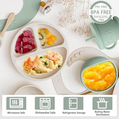 Munlinder Silicone Baby Feeding Set | Baby Led Weaning Supplies Includes Suction Bowls and Divided Plates, Adjustable Bib, Baby Utensils Spoons and Forks,Cup | Baby Feeding Essentials (Light Green) - Image 3