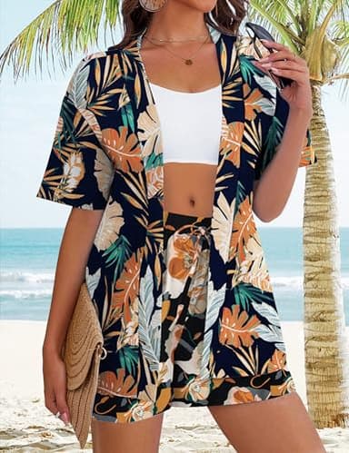 REDHOTYPE Women's 2 Piece Outfits Kimono Style Tropical Print Cover Ups Half Sleeve Blouse Shorts Set Summer Beachwear,Dark Flower 01,M - Image 2