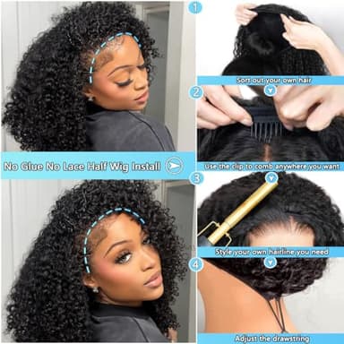 QUANDIAN Kinky Curly Half Wig Human Hair 200% Density Wear Go Glueless Wigs Human Hair 20 Inch Curly 3 In 1 Half Wigs for Women Drawstring Seamless Flip Headband Wig Beginner Friendly - Image 4
