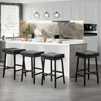VECELO 25 inch Counter Height Stools for Kitchen Island, 3.3'' Thick PU Upholstered Saddle Seats, Backless Bar Chairs with Metal Base, Black - Image 2