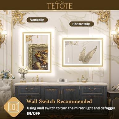 TETOTE 48x30 LED Bathroom Mirror with Lights Gold Metal Framed Front & Back Light Vanity Mirror Baroque Antifog Stepless Dimmable White/Warm/Natural,CRI90+,Waterproof,Wall Mounted(Horizontal/Vertical) - Image 6