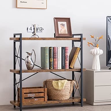 HCHQHS Bookshelf, 3-Tier Industrial Bookcase, Rustic Open Book Shelf, Wood and Metal Horizontal Bookshelves - Image 2