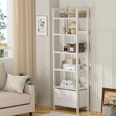 Furologee White 6 Tier Bookshelf with Drawers, Tall 71" Bookcase with Shelves, Modern Wood and Metal Bookshelves Storage Organizer, Display Free Standing Shelf Unit for Bedroom, Living Room, Office - Image 7