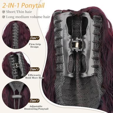 ORSUNCER Ponytail Extension Claw 30" Curly Pony Tail Clip in Claw Hair Extensions Fluffy Natural Looking Synthetic Hairpiece for Women Omber Burgundy - Image 3