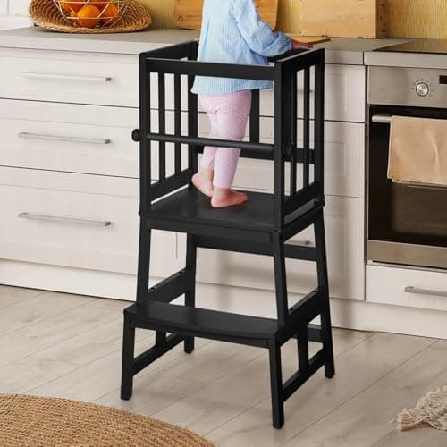 COSYLAND Kids Kitchen Step Stool Helper Baby and Toddler Multi-Function Step up Nursery Helper Stand with Safety Rail in Natural Bamboo, Strong and Lightweight (Black) - Image 1