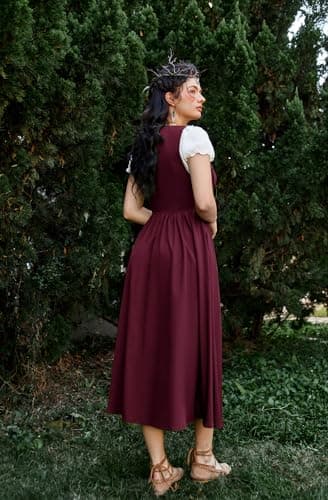 Scarlet Darkness Medieval Dress for Women Renaissance Costume Fairy Elf Short Sleeve Irish Chemise Dress & Overdress Wine 2XL - Image 7