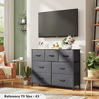 WLIVE 7 Drawer Dresser TV Stand, Entertainment Center, Media Console Table with Metal Frame and Wood Top for TV up to 45 inch, Chest of Drawers for Bedroom, Living Room, Dark Grey - Image 4