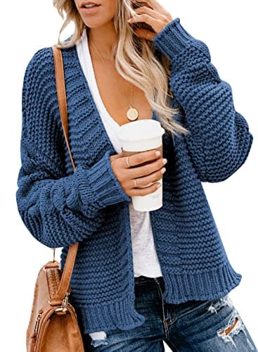 Dokotoo 2025 Womens Fall Cardigan Sweaters Casual Open Front Long Sleeve Solid Cable Knit Chunky Ribbed Winter Stylish Loose Ladies Girls Cardigans Coats Jackets Outerwear Blue M - Image 1