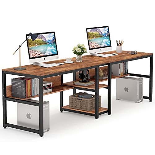 Tribesigns Two Person Desk with Bookshelf, 78.7 Computer Office Double Desk for Two Person, Rustic Writing Desk Workstation with Shelf for Home Office (Brown) - Image 1