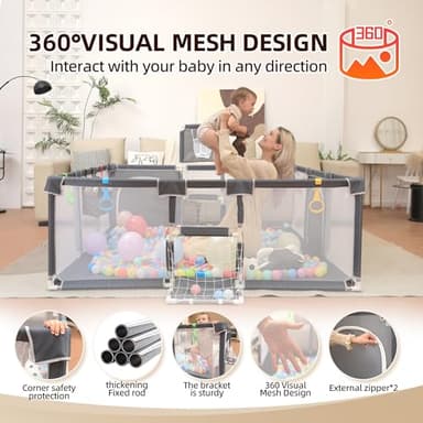 Playpen for Babies and Toddlers,73"x71"Baby Playpen with Mat Indoor＆Outdoor with Breathable Play Pen with Ocean Balls Hanging Pocket Basketball Hoop and Football Goal (Grey with Mat, 73"x71") - Image 4