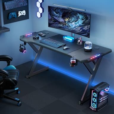 HLDIRECT 63 INCH Gaming Desk with LED Lights, Home Office Gamer Desk, Ergonomic Computer Table with Large Carbon Fiber Desktop, Office Workstation with Mouse Pad, Cup Holder & Headphone Hook, Black - Image 6