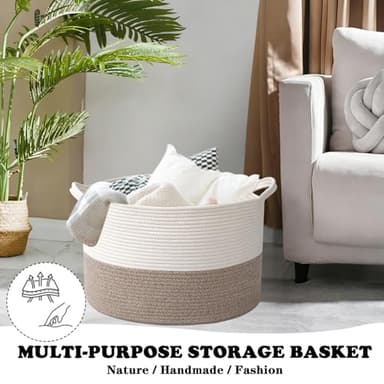 HZFTJOY Large Blanket Basket for Organizing,65L Closet Organizers and Storage Bins Box for Shelves Woven Rope Storage Baskets,Living Room,Bedroom,Dorm,Laundry room (White&Brown) - Image 5