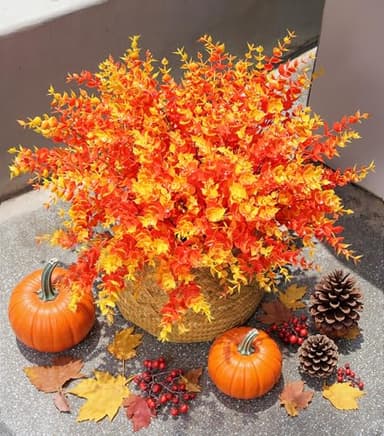 Artificial Fake Fall Autumn Eucalyptus Plants Flowers for Outdoor Outside Decoration, Faux Silk Orange Boxwood Look Real UV Resistant for Home Porch Patio Planter Decor，12 Bundles - Image 2