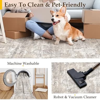 PureCozy Machine Washable Area Rug 8x10 Beige Gray Large Living Room Indoor Accent Rug Neutral Modern Abstract Low Pile Carpet Non Slip Distressed Throw Rug Bedroom Office Dining Room - Image 4