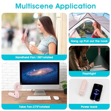 Digibond Pink Handheld Fan, Portable Fan Bullet Shape 3000mAh USB Rechargeable Battery Operate 6 IN 1 Personal Fan Foldable Lightweight Travel Essential with Power Bank/Lanyard 3 Speed - Image 3