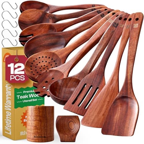Riveira Dark Teak Kitchen Utensils Set - 12-Piece Non-Toxic Cooking Utensils Set - Wooden Spoons for Cooking - Spatula for Cooking - Teak Wooden Utensils - Image 1