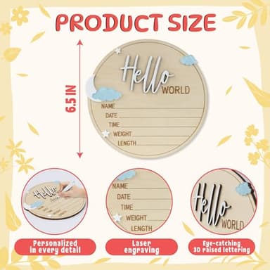 Hello World Baby Birth Stats Sign, 6.2 inches, Wood Engraved Hospital Announcement Board with Flower (BB75) - Image 7