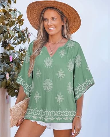 Bebonnie Ladies Tunic Tops and Blouses: 3/4 Sleeve Dressy Casual V Neck Boho Tops - Summer Linen Beach Vacation Clothes - Fancy Blouses for Women Elegant Light Green XXL - Image 4