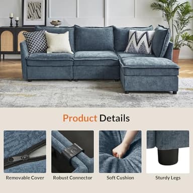HULALA HOME 97'' Modular Sectional Sofa, L Shaped Couch with Storage Ottoman, Comfy Chenille Sofa with Deep Seat, 4 Seat Convertible Sectional Couches for Living Room, Blue - Image 5