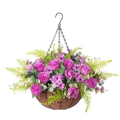 Ammyoo Artificial Flowers in Hanging Basket Planter for Home Spring Summer Decoration, Silk Rose Peony Outdoor Indoor Arrangements, 12" Metal Coconut Lining Basket with Faux Plant(Purple) - Image 1