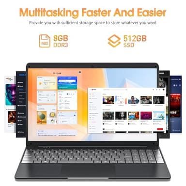 SGIN Laptops Windows 11, 15.6 Inch Laptop Computer 8GB DDR3 512GB SSD with I3 Processor, Webcam, HDMI, USB3.0, 7000mAh Battery, BT4.2, USB 3.2 * 3, WiFi, Type-C(Black) - Image 2