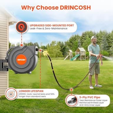 3rd Generation Retractable Garden Hose 130 ft x 1/2 inch Heavy Duty Wall-Mounted Hose Reels for Outside 180° Swivel Automatic Slow Return Any Length Lock 9 Pattern Nozzle UV Resistant (Black) - Image 4
