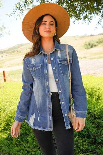 Dokotoo Women's Jean Jacket Frayed Washed Button Up Denim Jacket Shackets Fall Outfits Oversize Vintaged Casual Fashion Long Sleeve Denim Shirts for Women Boyfriend Jean Jackets for Women Blue L - Image 4