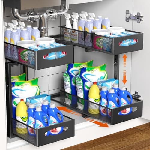 Housolution 2 Pack Under Sink Organizer, 2 Tier Metal Pull Out Under Sink Storage with Sliding Mesh Drawers, Height Adjustable Slide Out Under Sink Organizer for Kitchen Bathroom Cabinet, Black - Image 1