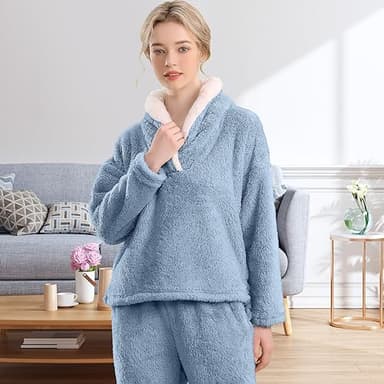 BOSECETA Fluffy Pajamas Set for Women Soft Comfy Fleece Pjs Pullover Pants Loose Plush Sleepwear Fuzzy Loungewear for Winter (Dark Blue,Small) - Image 4
