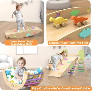 Pikler Triangle Set with Cushion 9 in 1 Climbing Toys for Toddlers 1-3 Indoor Baby Gym Toddler Montessori Toys Wooden Climbing with Maze, Shape Sorting, Dinosaur Car - Image 8